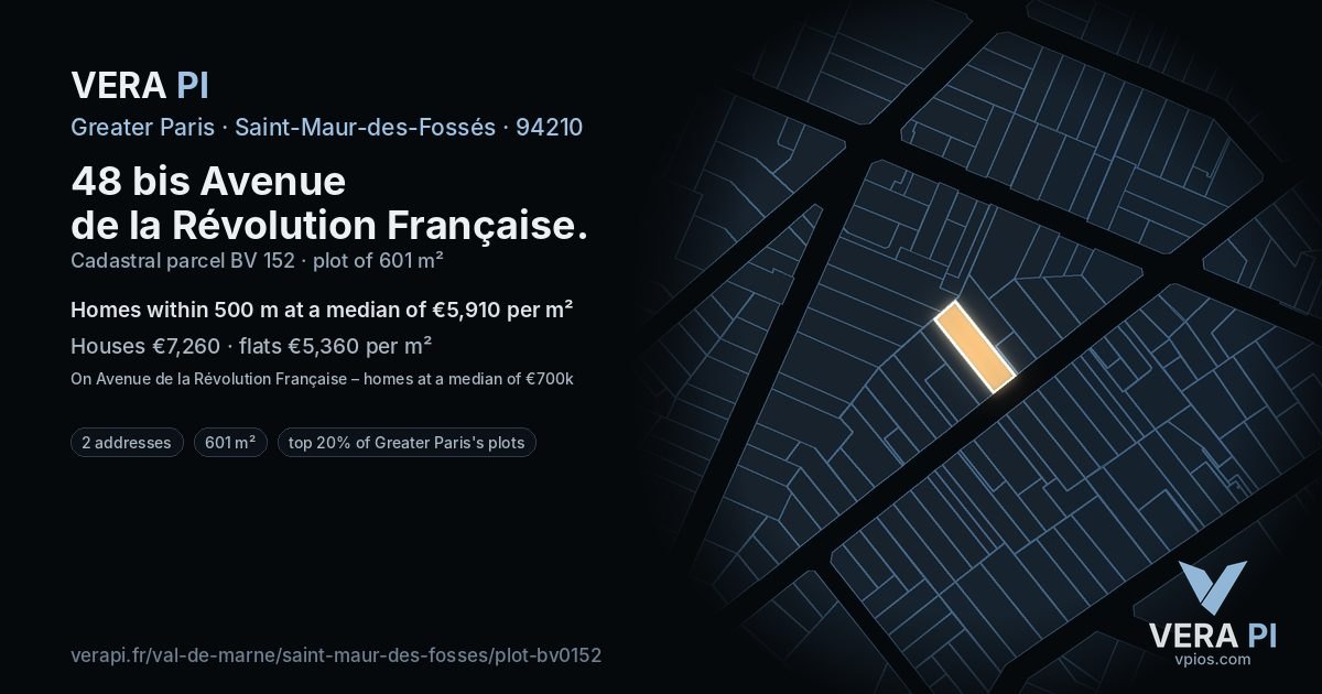 48 bis Avenue de la Révolution Française, Saint-Maur-des-Fossés at night – the plot lit, the parcels around coloured by the prices near them