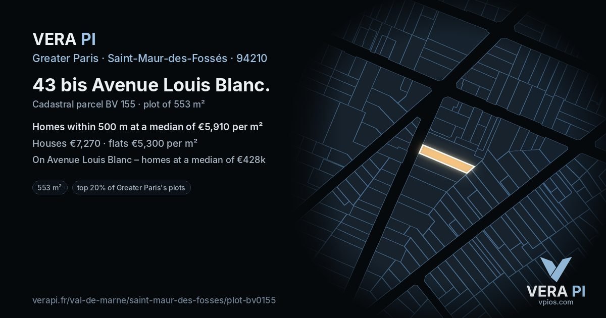 43 bis Avenue Louis Blanc, Saint-Maur-des-Fossés at night – the plot lit, the parcels around coloured by the prices near them
