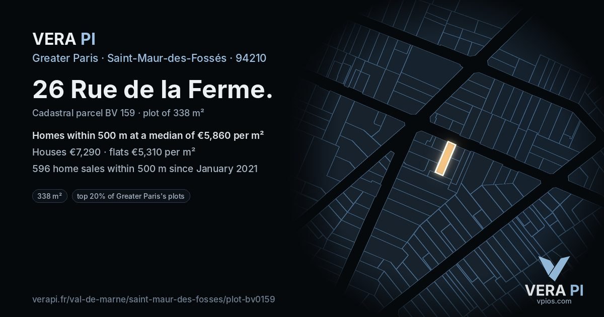 26 Rue de la Ferme, Saint-Maur-des-Fossés at night – the plot lit, the parcels around coloured by the prices near them