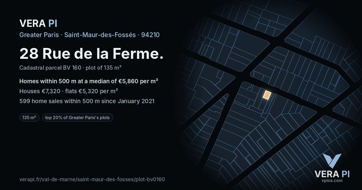 28 Rue de la Ferme, Saint-Maur-des-Fossés at night – the plot lit, the parcels around coloured by the prices near them