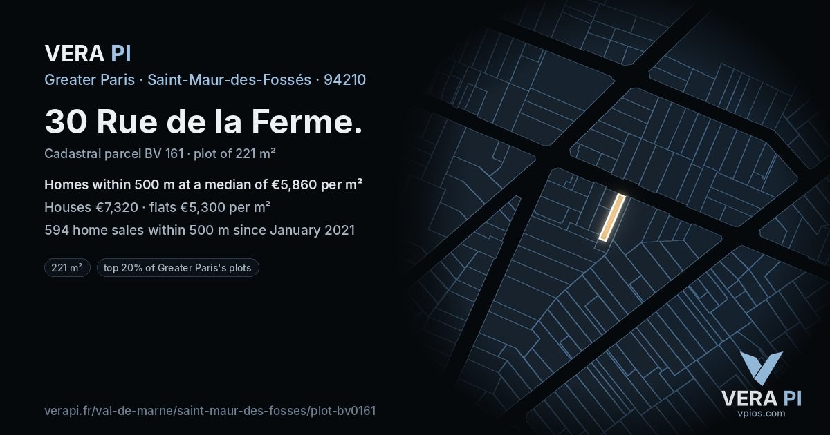 30 Rue de la Ferme, Saint-Maur-des-Fossés at night – the plot lit, the parcels around coloured by the prices near them
