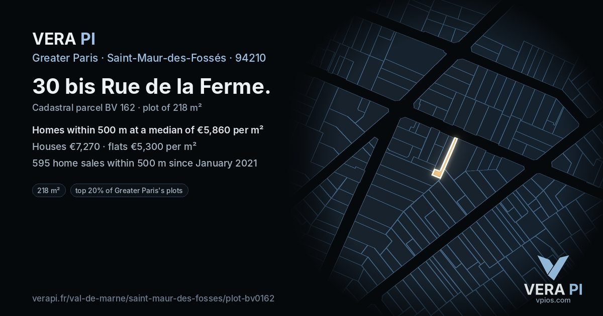 30 bis Rue de la Ferme, Saint-Maur-des-Fossés at night – the plot lit, the parcels around coloured by the prices near them