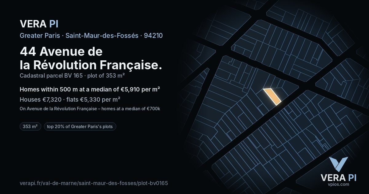 44 Avenue de la Révolution Française, Saint-Maur-des-Fossés at night – the plot lit, the parcels around coloured by the prices near them