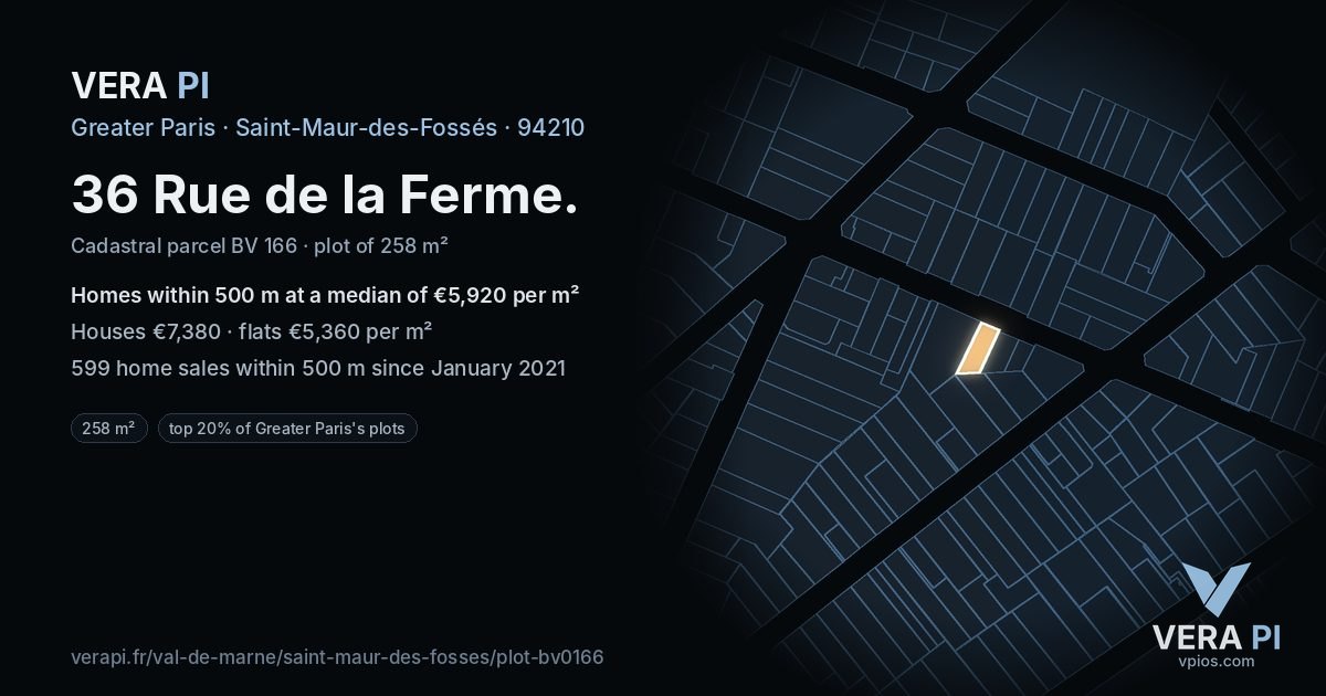 36 Rue de la Ferme, Saint-Maur-des-Fossés at night – the plot lit, the parcels around coloured by the prices near them