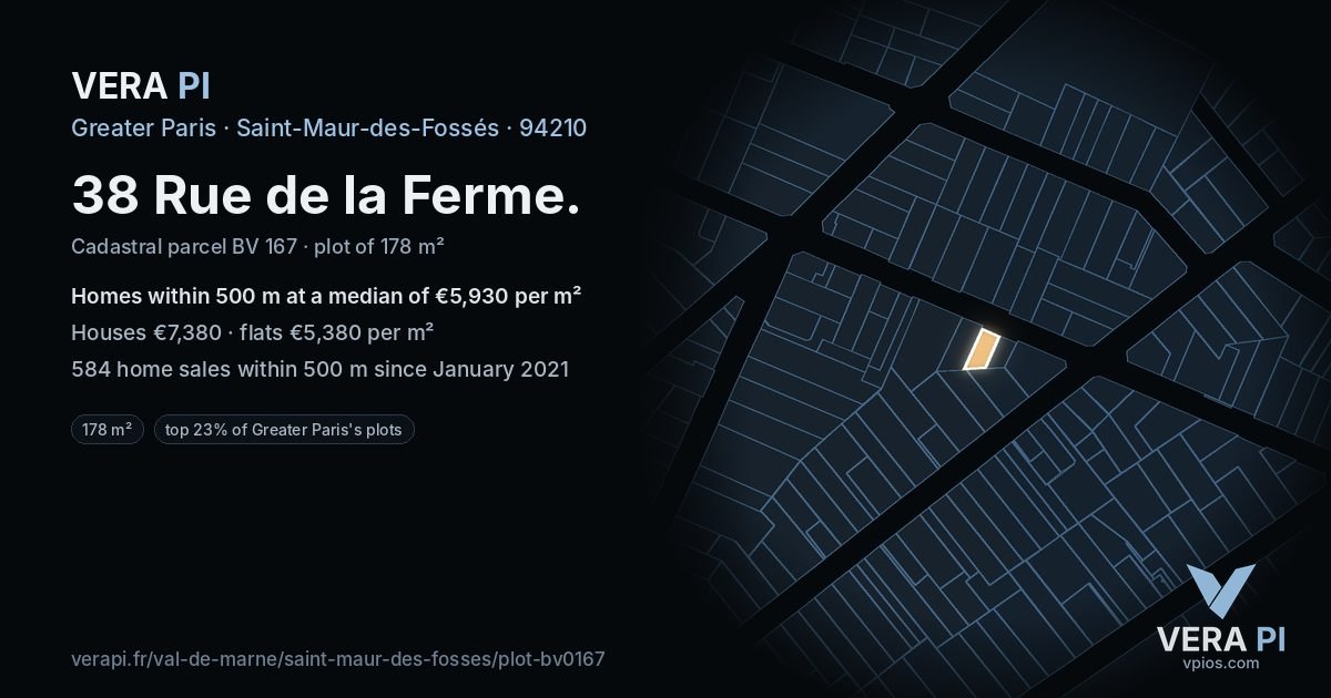 38 Rue de la Ferme, Saint-Maur-des-Fossés at night – the plot lit, the parcels around coloured by the prices near them