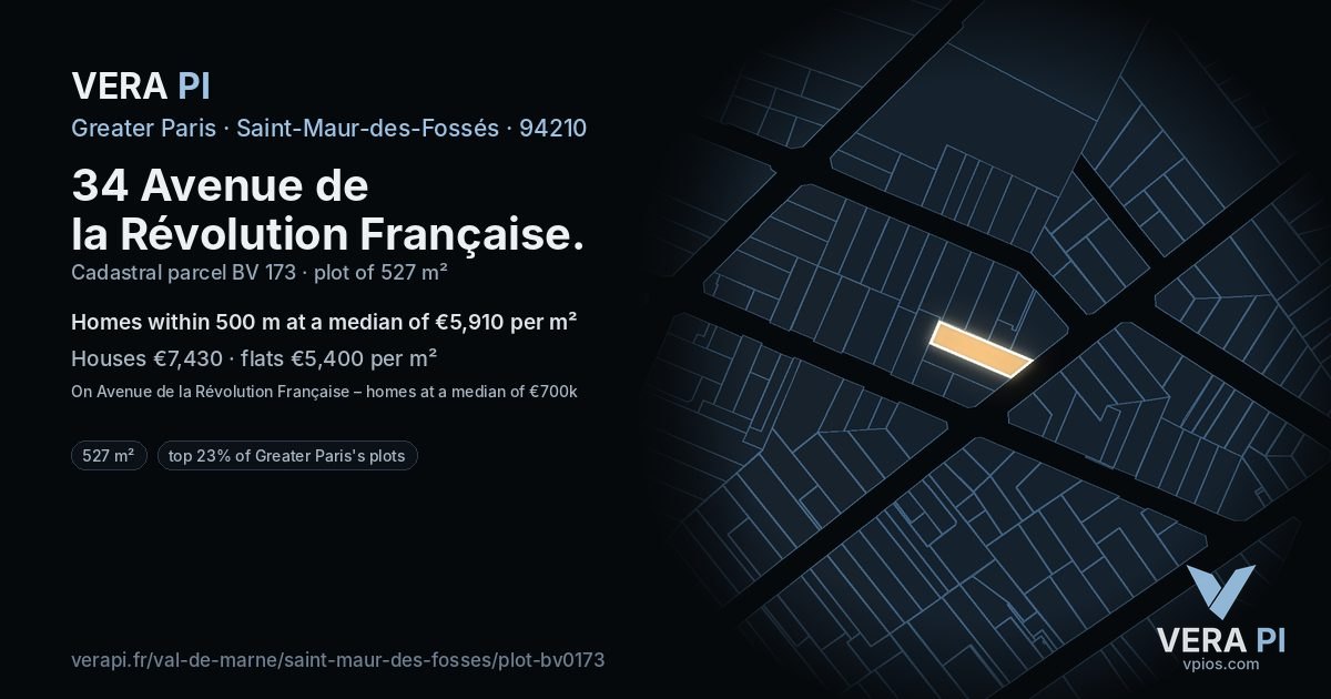 34 Avenue de la Révolution Française, Saint-Maur-des-Fossés at night – the plot lit, the parcels around coloured by the prices near them