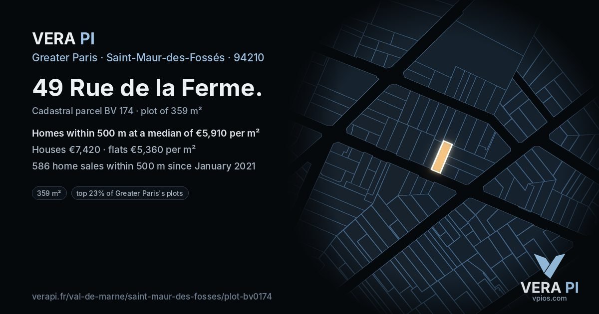 49 Rue de la Ferme, Saint-Maur-des-Fossés at night – the plot lit, the parcels around coloured by the prices near them