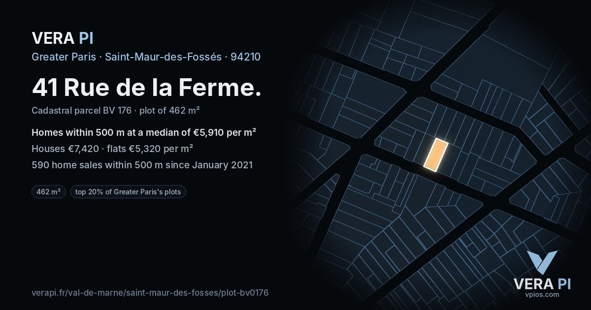 41 Rue de la Ferme, Saint-Maur-des-Fossés at night – the plot lit, the parcels around coloured by the prices near them