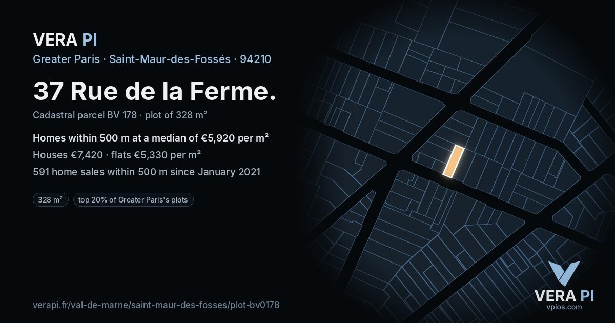 37 Rue de la Ferme, Saint-Maur-des-Fossés at night – the plot lit, the parcels around coloured by the prices near them