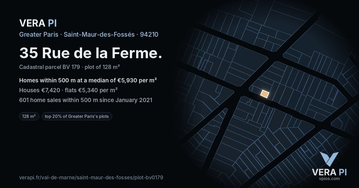 35 Rue de la Ferme, Saint-Maur-des-Fossés at night – the plot lit, the parcels around coloured by the prices near them