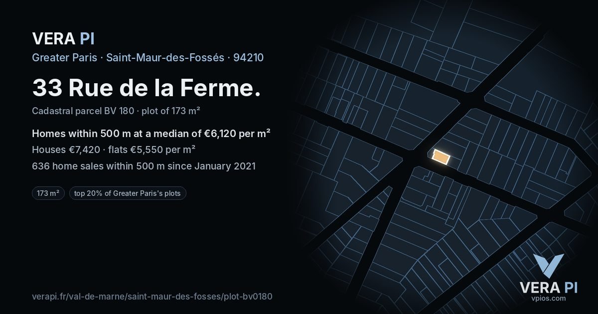 33 Rue de la Ferme, Saint-Maur-des-Fossés at night – the plot lit, the parcels around coloured by the prices near them