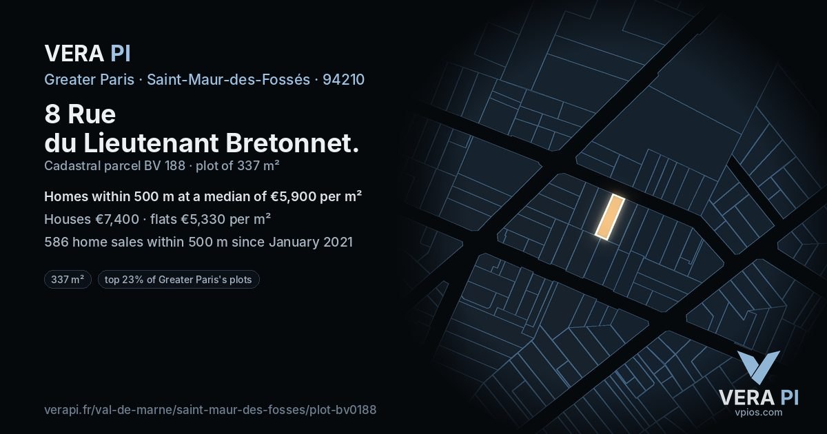 8 Rue du Lieutenant Bretonnet, Saint-Maur-des-Fossés at night – the plot lit, the parcels around coloured by the prices near them