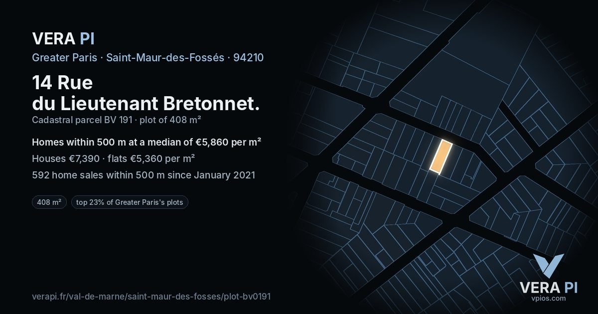 14 Rue du Lieutenant Bretonnet, Saint-Maur-des-Fossés at night – the plot lit, the parcels around coloured by the prices near them