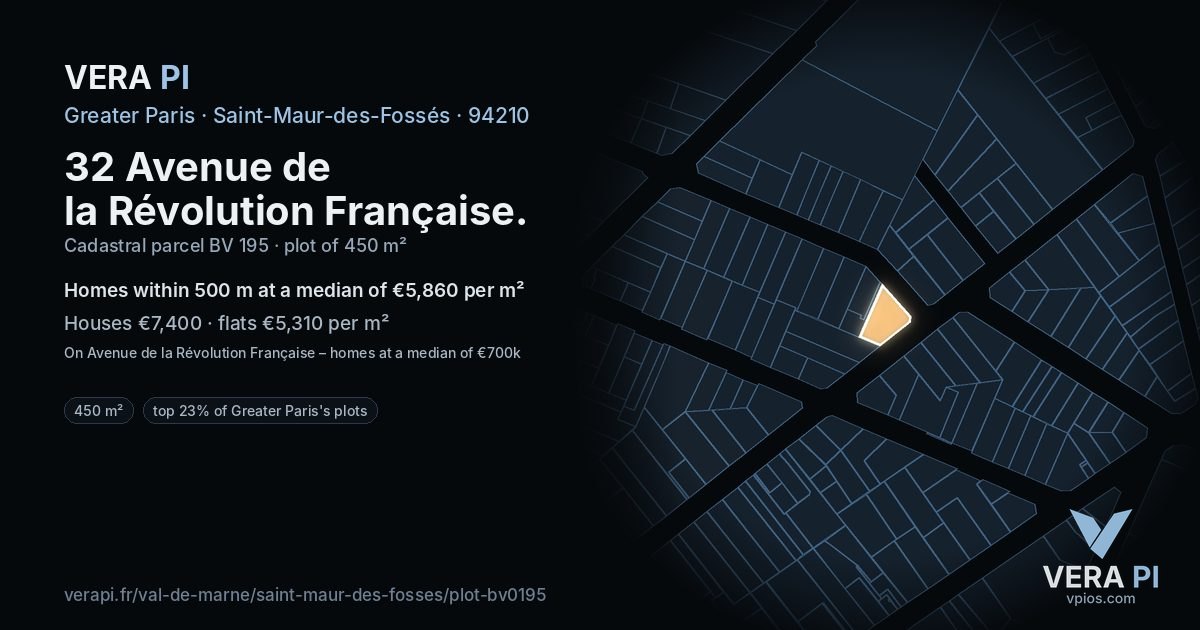 32 Avenue de la Révolution Française, Saint-Maur-des-Fossés at night – the plot lit, the parcels around coloured by the prices near them
