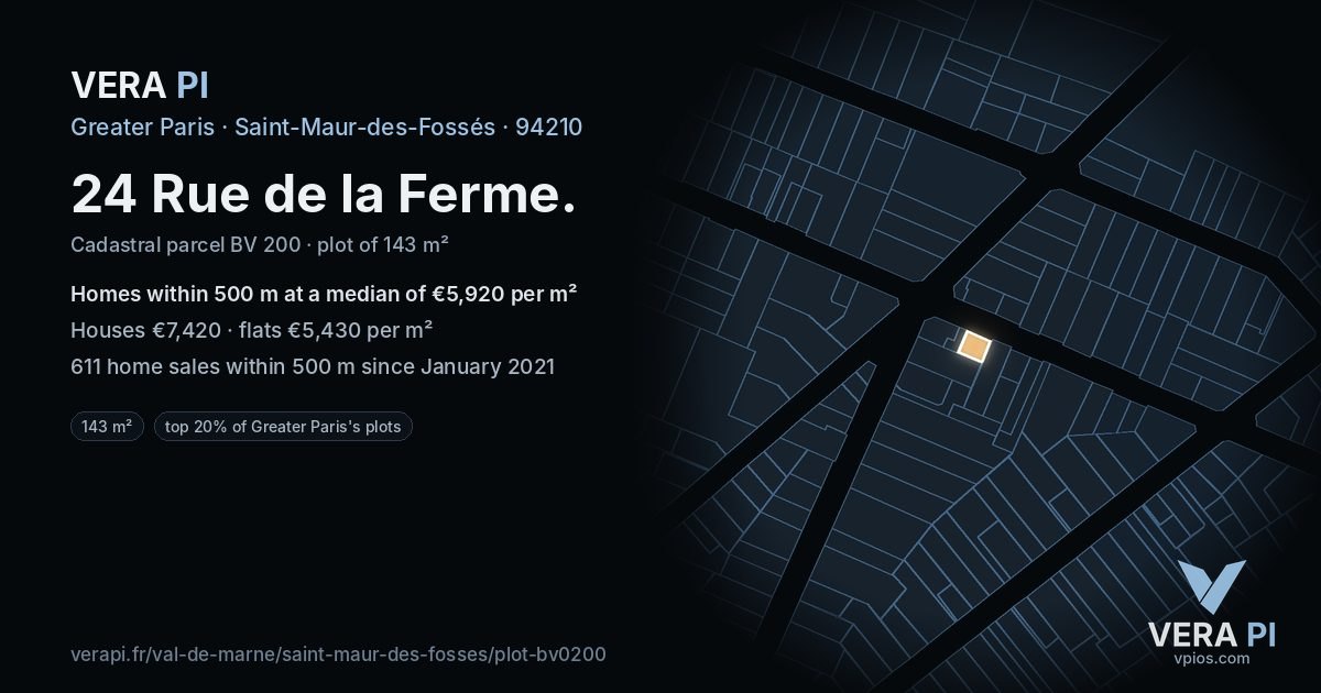 24 Rue de la Ferme, Saint-Maur-des-Fossés at night – the plot lit, the parcels around coloured by the prices near them