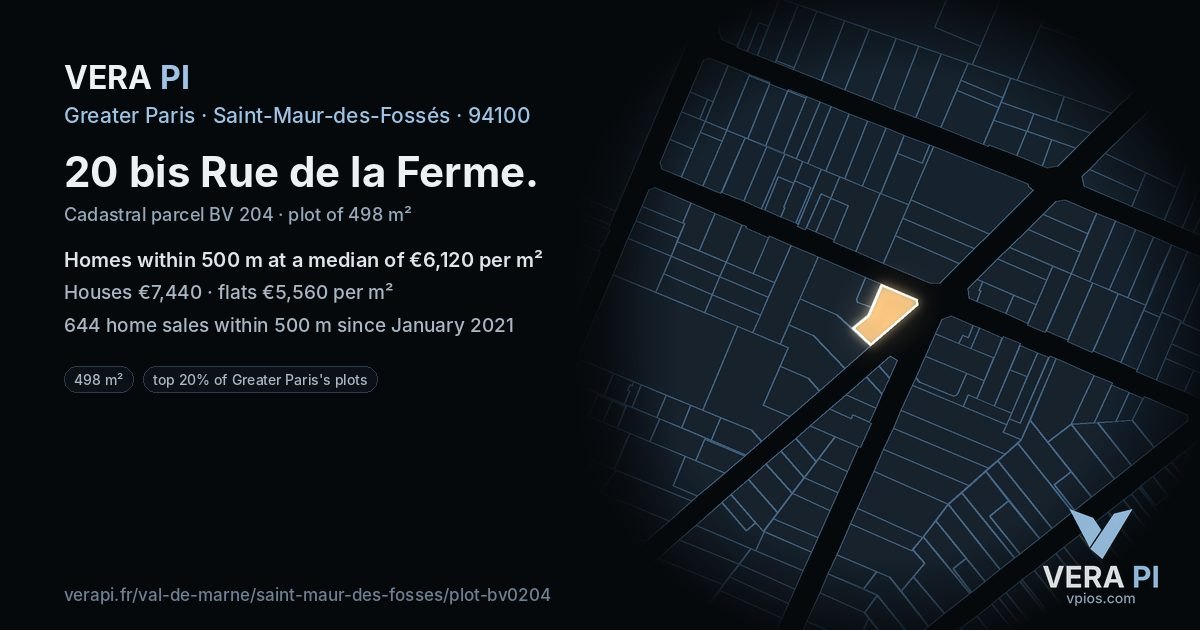 20 bis Rue de la Ferme, Saint-Maur-des-Fossés at night – the plot lit, the parcels around coloured by the prices near them
