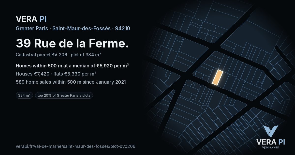 39 Rue de la Ferme, Saint-Maur-des-Fossés at night – the plot lit, the parcels around coloured by the prices near them