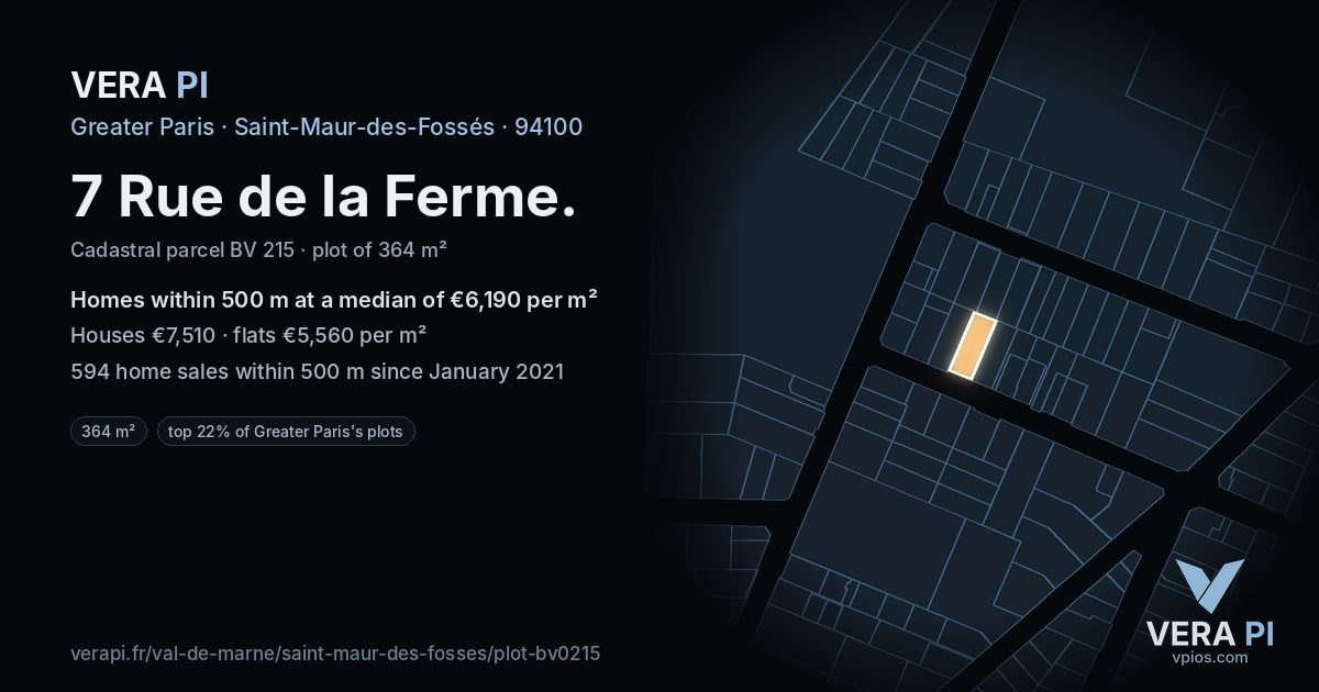 7 Rue de la Ferme, Saint-Maur-des-Fossés at night – the plot lit, the parcels around coloured by the prices near them