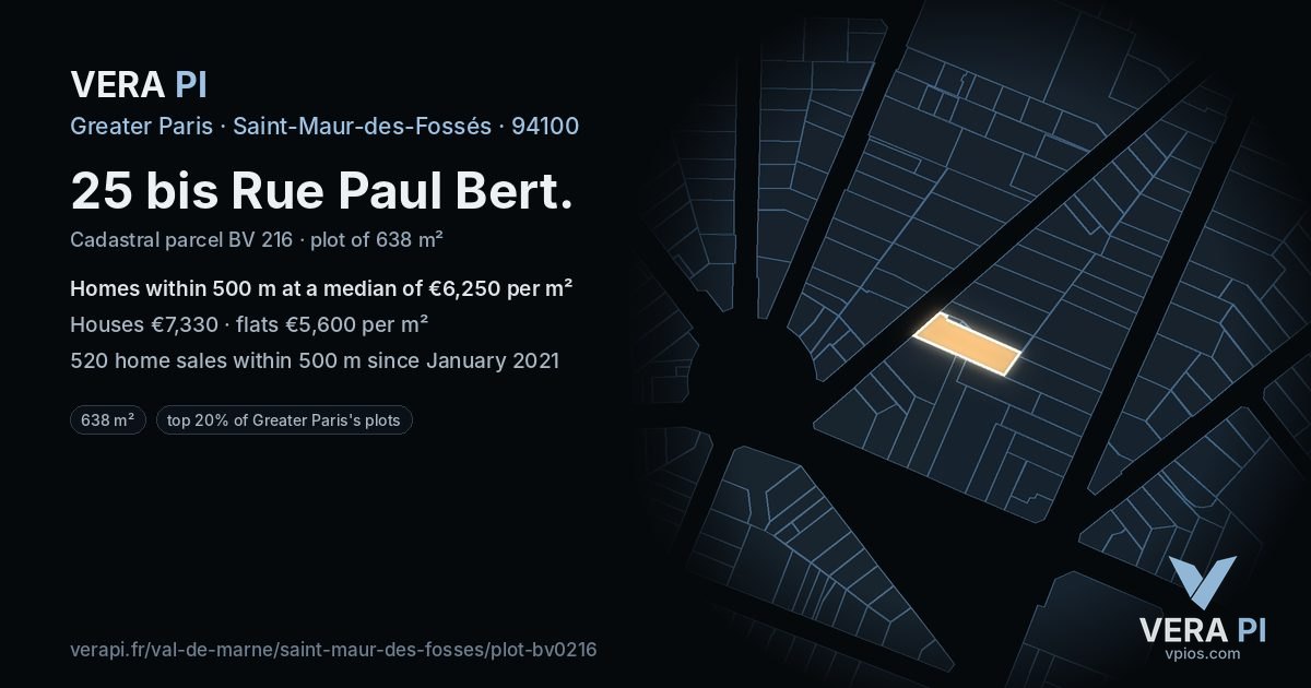 25 bis Rue Paul Bert, Saint-Maur-des-Fossés at night – the plot lit, the parcels around coloured by the prices near them