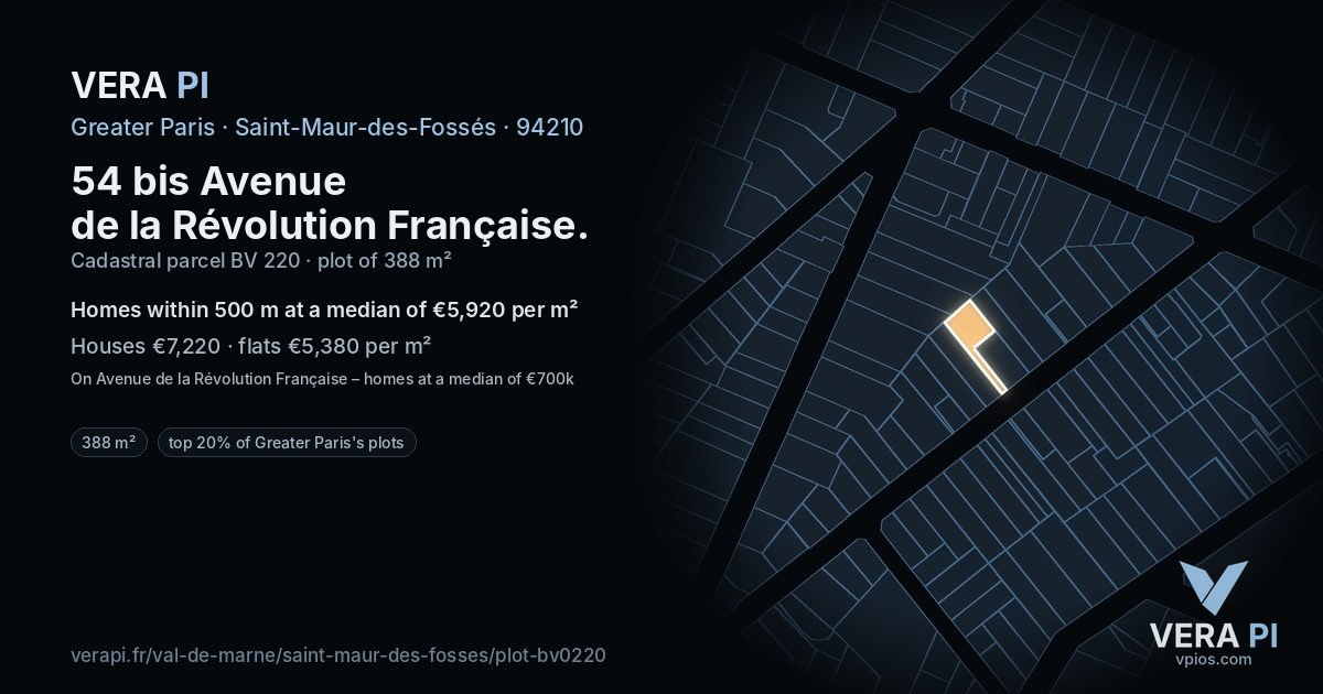 54 bis Avenue de la Révolution Française, Saint-Maur-des-Fossés at night – the plot lit, the parcels around coloured by the prices near them
