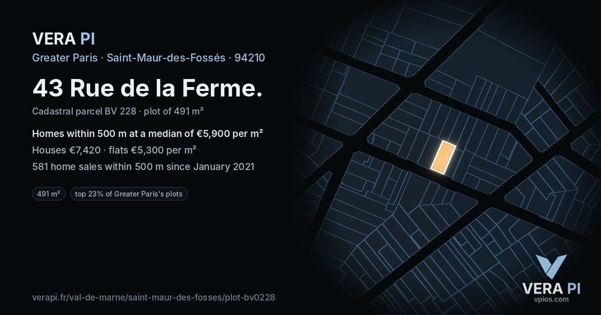 43 Rue de la Ferme, Saint-Maur-des-Fossés at night – the plot lit, the parcels around coloured by the prices near them