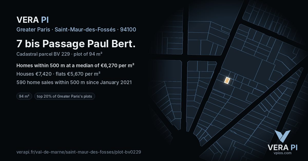 7 bis Passage Paul Bert, Saint-Maur-des-Fossés at night – the plot lit, the parcels around coloured by the prices near them