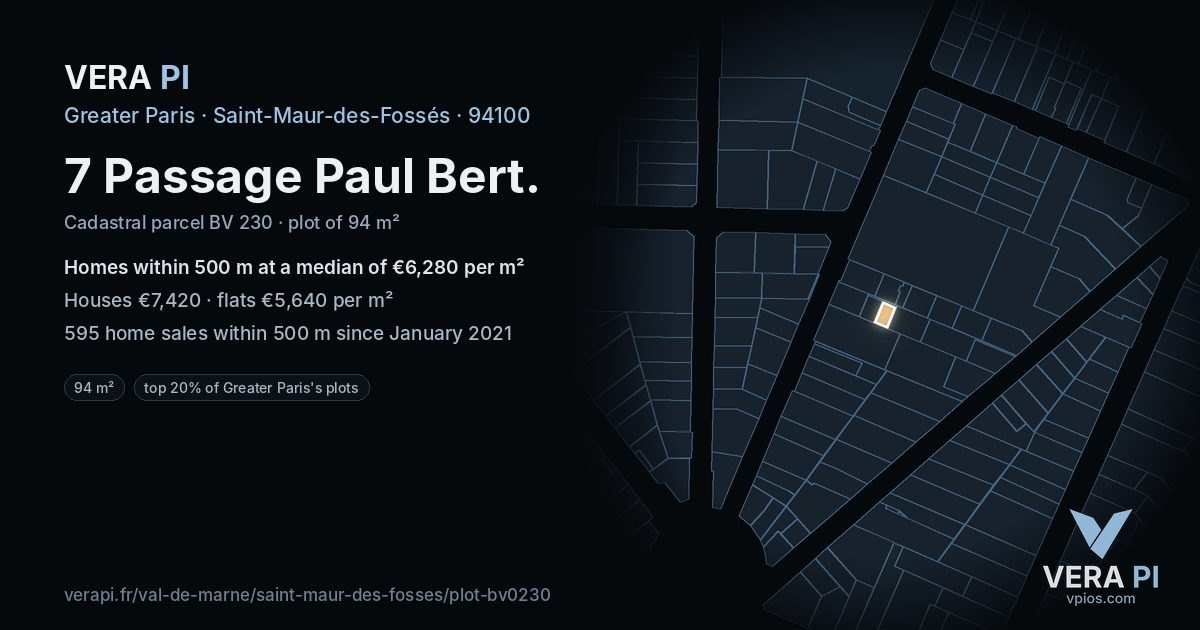 7 Passage Paul Bert, Saint-Maur-des-Fossés at night – the plot lit, the parcels around coloured by the prices near them