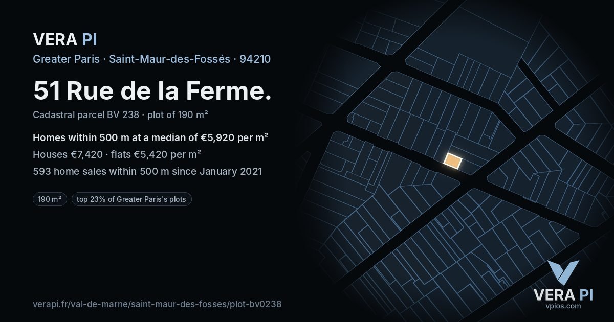 51 Rue de la Ferme, Saint-Maur-des-Fossés at night – the plot lit, the parcels around coloured by the prices near them