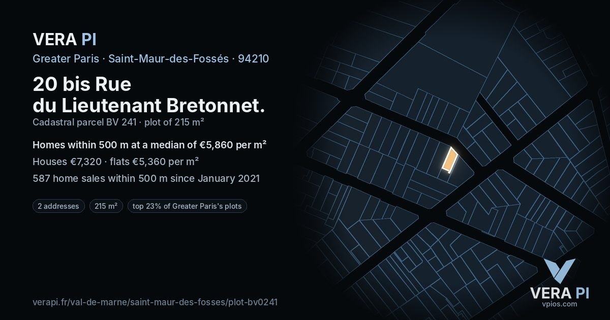 20 bis Rue du Lieutenant Bretonnet, Saint-Maur-des-Fossés at night – the plot lit, the parcels around coloured by the prices near them