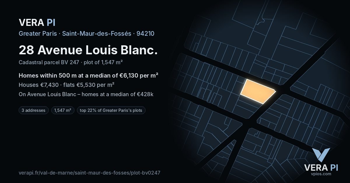 28 Avenue Louis Blanc, Saint-Maur-des-Fossés at night – the plot lit, the parcels around coloured by the prices near them