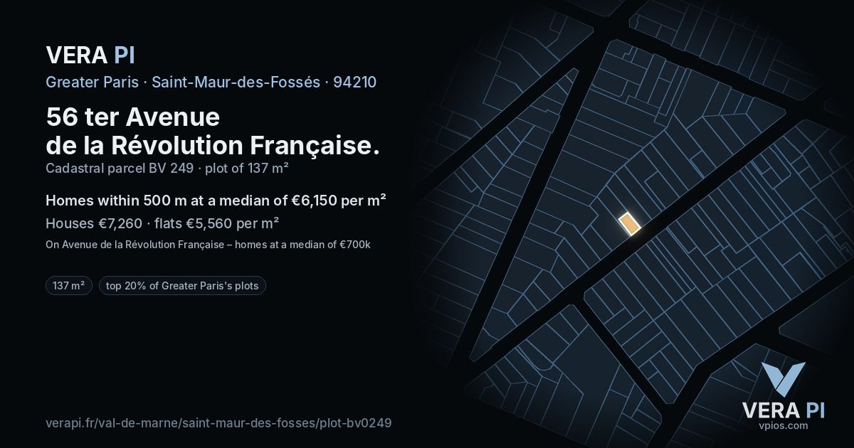 56 ter Avenue de la Révolution Française, Saint-Maur-des-Fossés at night – the plot lit, the parcels around coloured by the prices near them