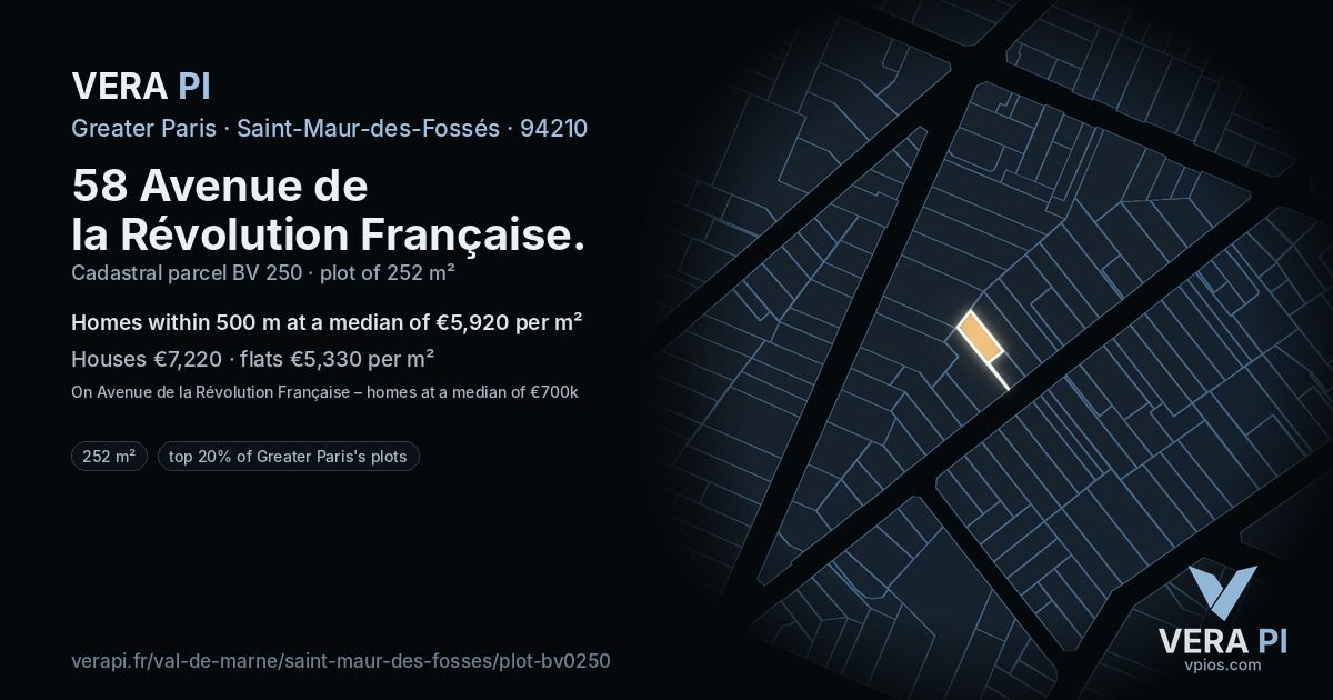 58 Avenue de la Révolution Française, Saint-Maur-des-Fossés at night – the plot lit, the parcels around coloured by the prices near them
