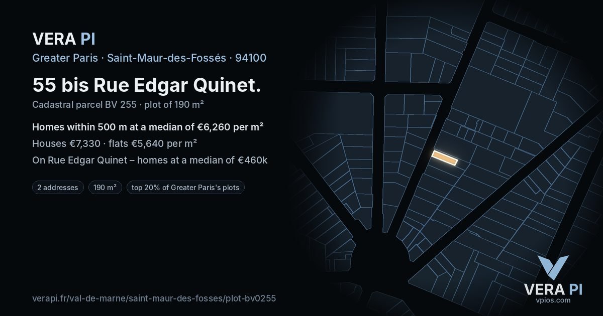 55 bis Rue Edgar Quinet, Saint-Maur-des-Fossés at night – the plot lit, the parcels around coloured by the prices near them