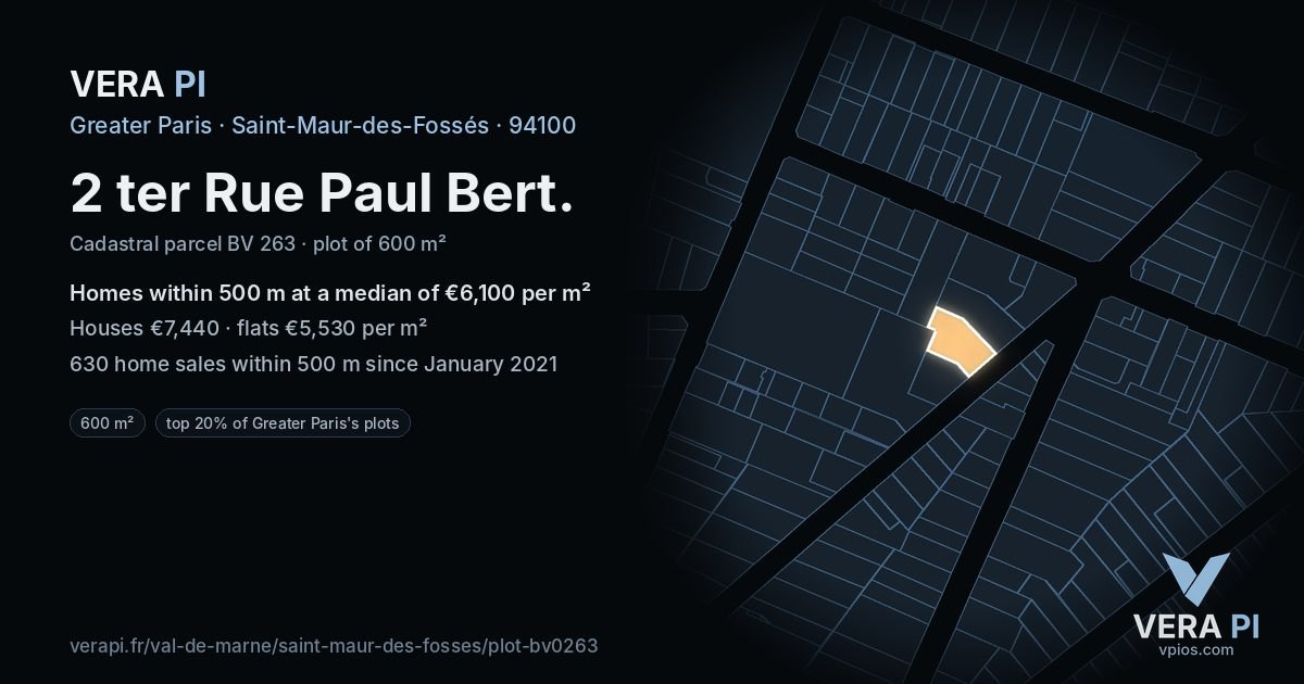 2 ter Rue Paul Bert, Saint-Maur-des-Fossés at night – the plot lit, the parcels around coloured by the prices near them