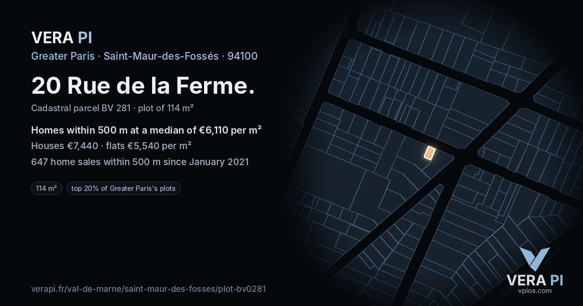 20 Rue de la Ferme, Saint-Maur-des-Fossés at night – the plot lit, the parcels around coloured by the prices near them