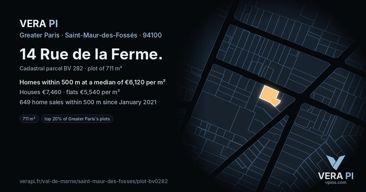 14 Rue de la Ferme, Saint-Maur-des-Fossés at night – the plot lit, the parcels around coloured by the prices near them
