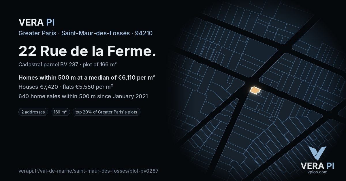 22 Rue de la Ferme, Saint-Maur-des-Fossés at night – the plot lit, the parcels around coloured by the prices near them