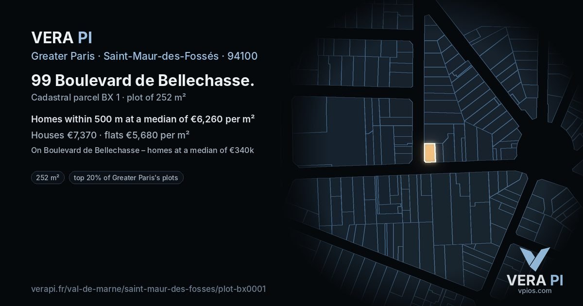 99 Boulevard de Bellechasse, Saint-Maur-des-Fossés at night – the plot lit, the parcels around coloured by the prices near them