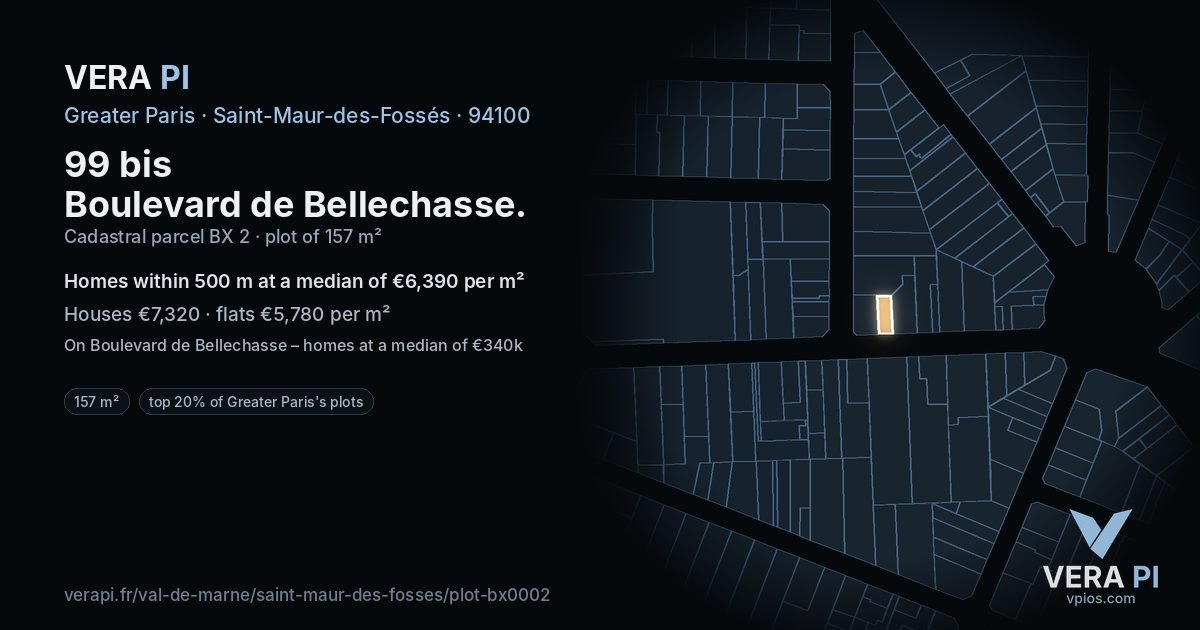 99 bis Boulevard de Bellechasse, Saint-Maur-des-Fossés at night – the plot lit, the parcels around coloured by the prices near them