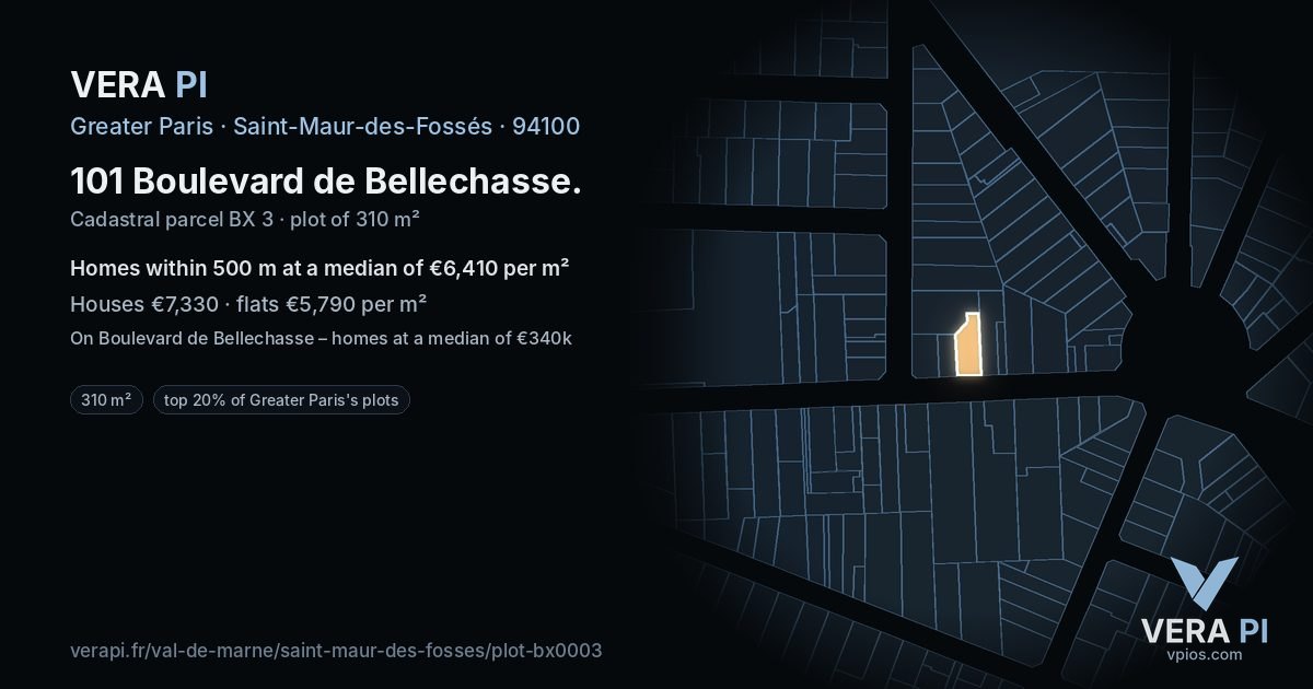 101 Boulevard de Bellechasse, Saint-Maur-des-Fossés at night – the plot lit, the parcels around coloured by the prices near them