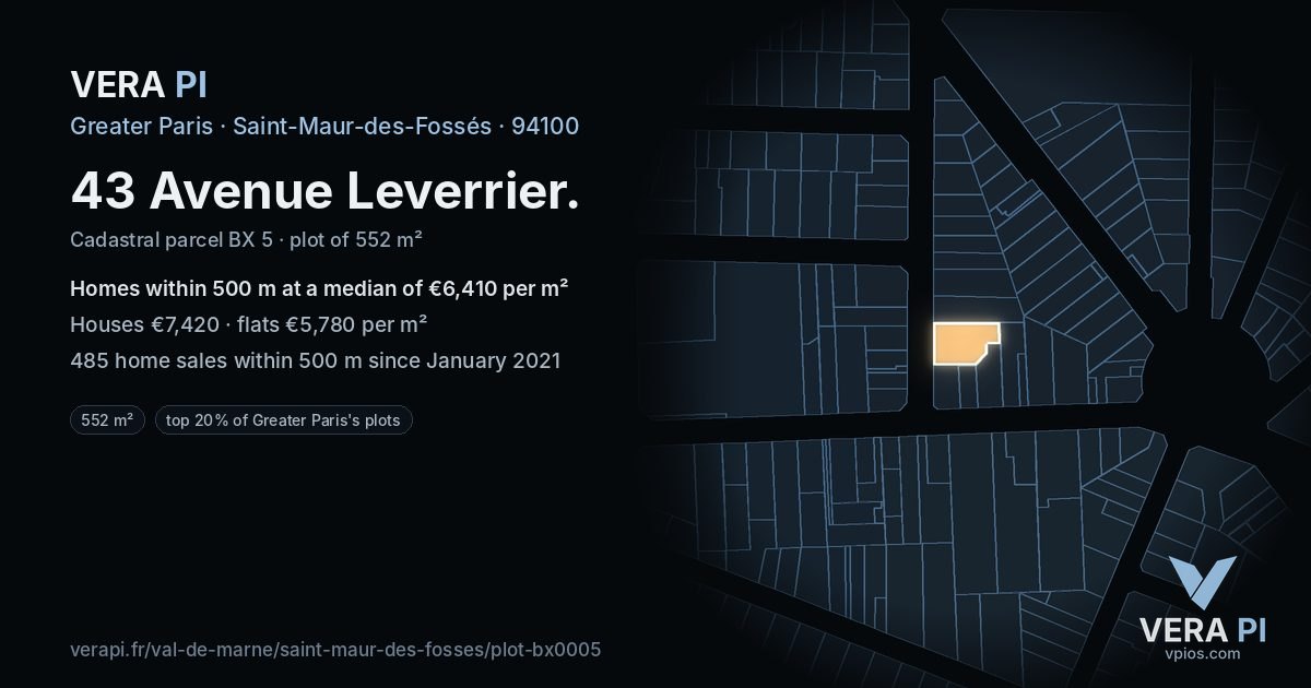 43 Avenue Leverrier, Saint-Maur-des-Fossés at night – the plot lit, the parcels around coloured by the prices near them