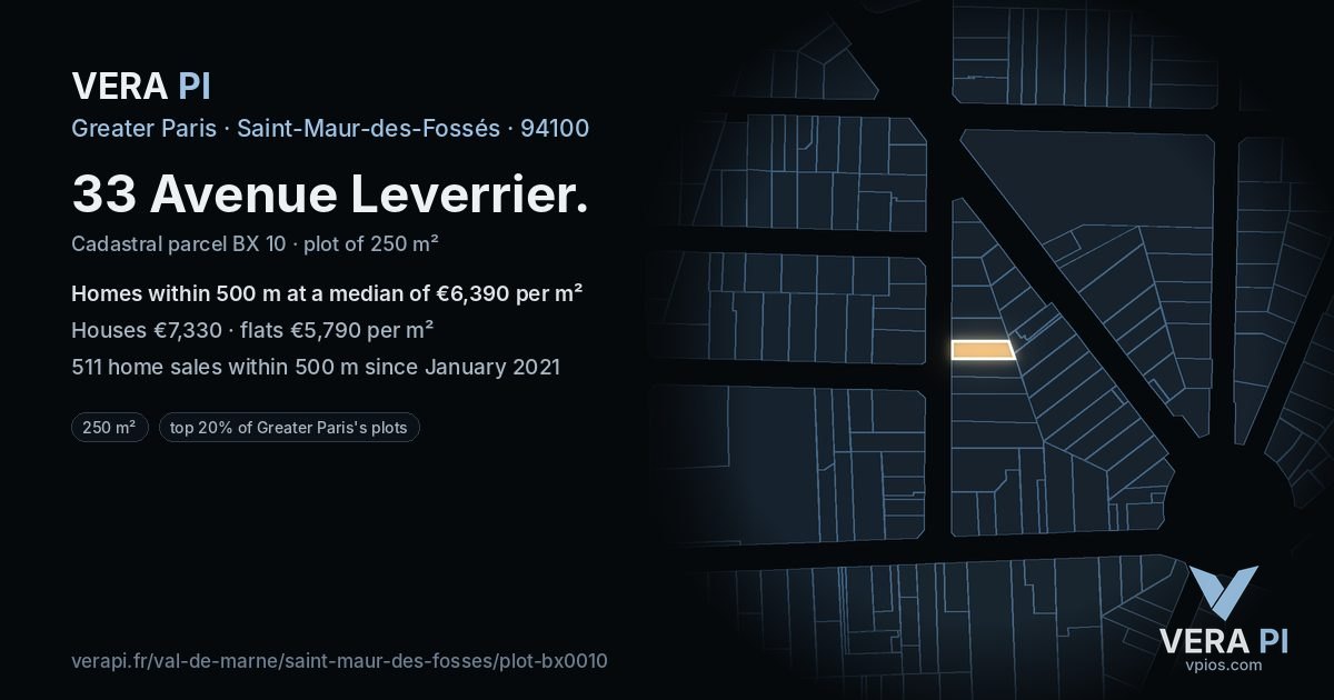 33 Avenue Leverrier, Saint-Maur-des-Fossés at night – the plot lit, the parcels around coloured by the prices near them