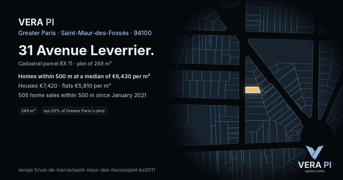 31 Avenue Leverrier, Saint-Maur-des-Fossés at night – the plot lit, the parcels around coloured by the prices near them