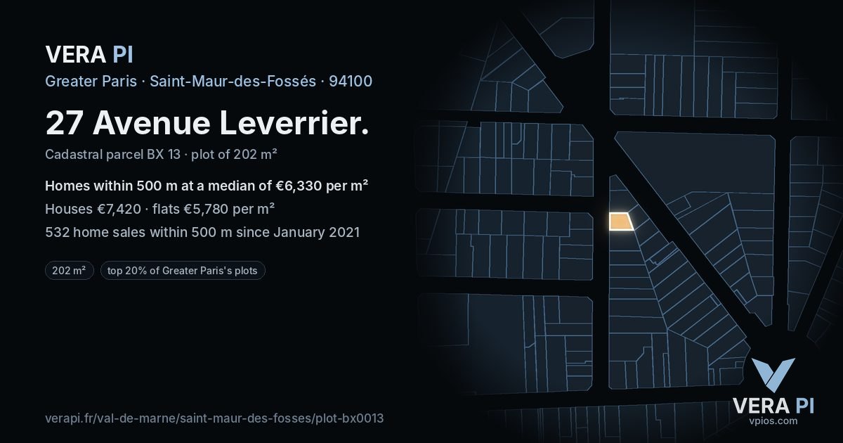 27 Avenue Leverrier, Saint-Maur-des-Fossés at night – the plot lit, the parcels around coloured by the prices near them