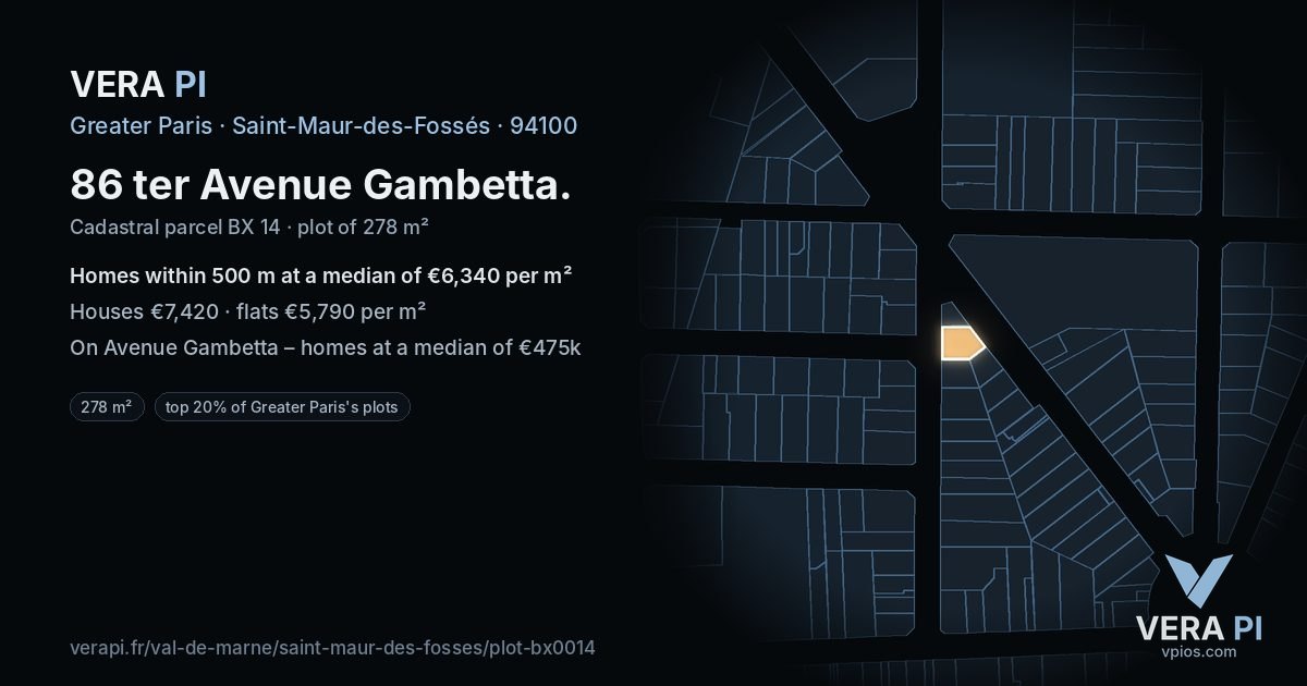 86 ter Avenue Gambetta, Saint-Maur-des-Fossés at night – the plot lit, the parcels around coloured by the prices near them