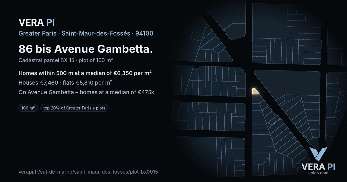 86 bis Avenue Gambetta, Saint-Maur-des-Fossés at night – the plot lit, the parcels around coloured by the prices near them