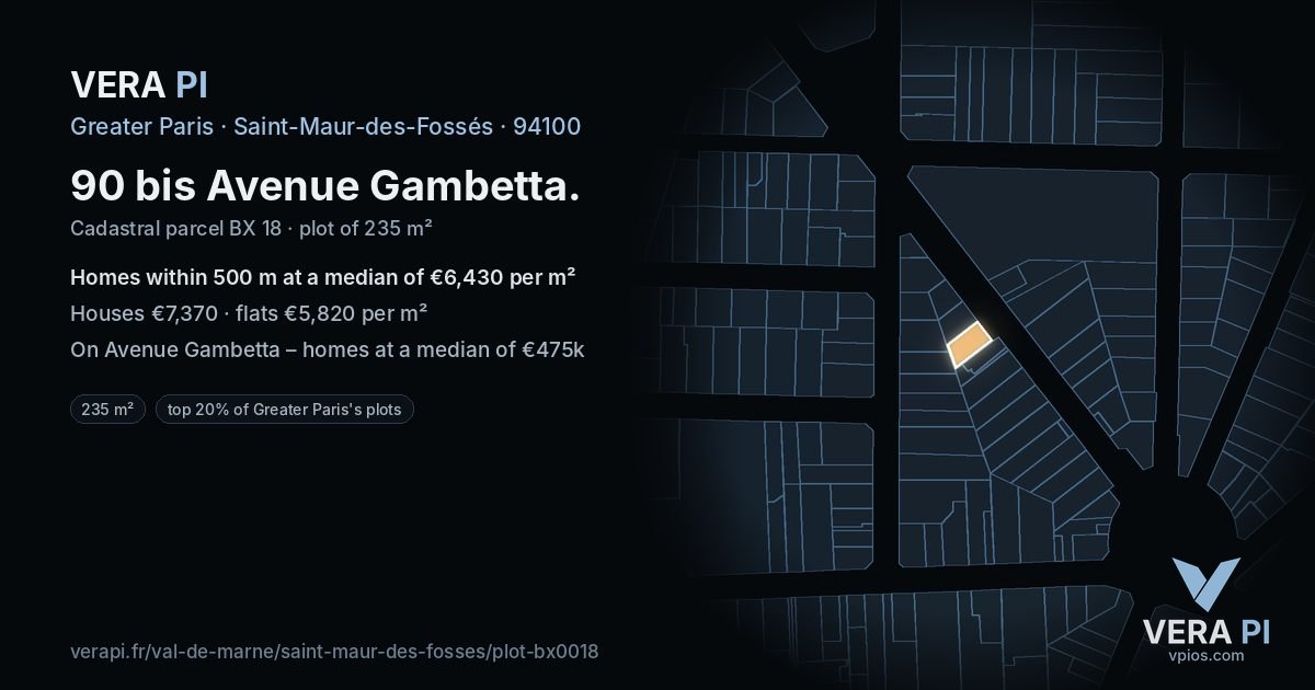 90 bis Avenue Gambetta, Saint-Maur-des-Fossés at night – the plot lit, the parcels around coloured by the prices near them