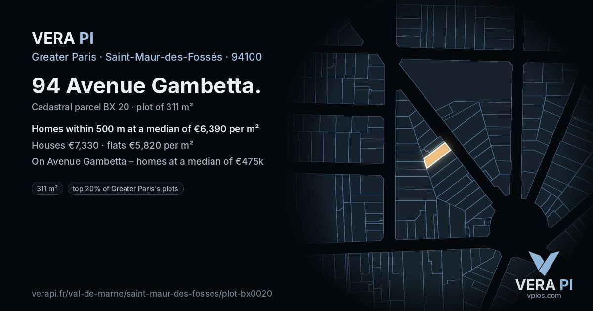 94 Avenue Gambetta, Saint-Maur-des-Fossés at night – the plot lit, the parcels around coloured by the prices near them