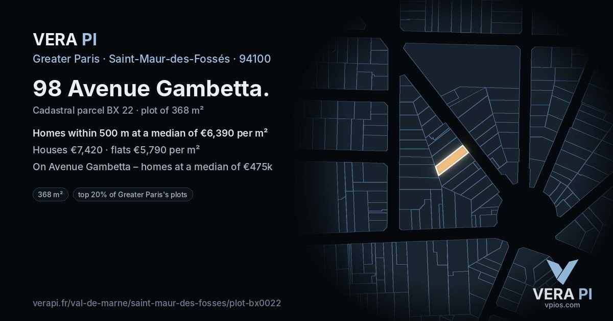 98 Avenue Gambetta, Saint-Maur-des-Fossés at night – the plot lit, the parcels around coloured by the prices near them