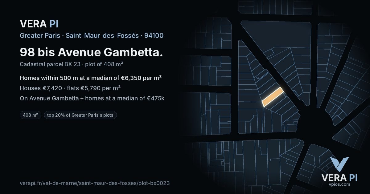 98 bis Avenue Gambetta, Saint-Maur-des-Fossés at night – the plot lit, the parcels around coloured by the prices near them